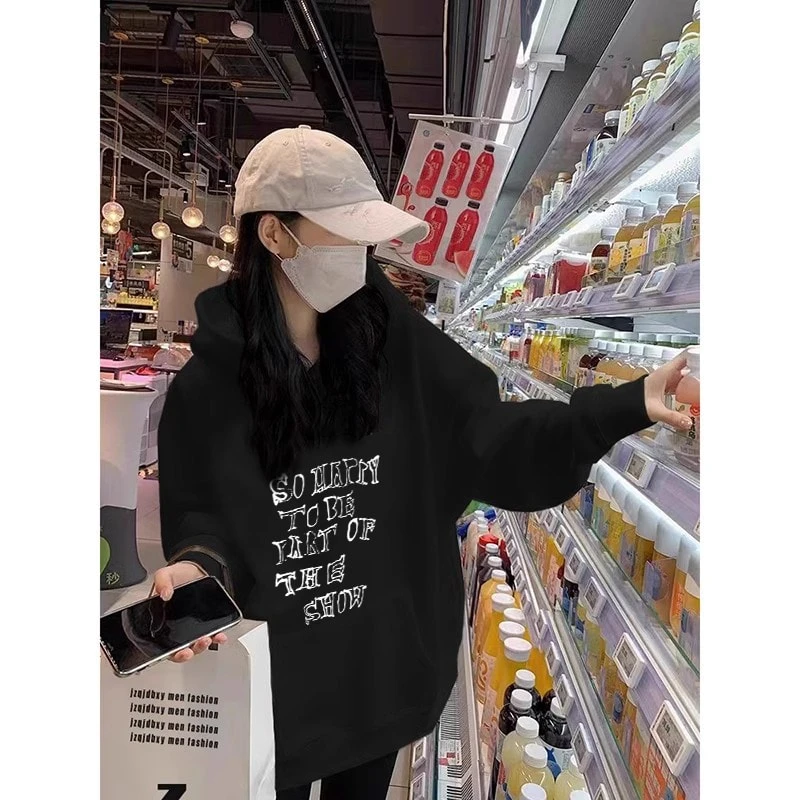 2025新款秋冬宽松连帽oversize中长款遮屁股黑色潮牌卫衣外套女款