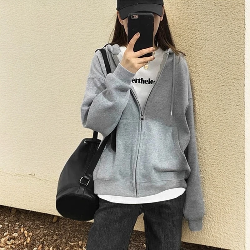 2025年新款美式连帽女士开衫拉链卫衣女春秋长袖上衣纯色外套韩版