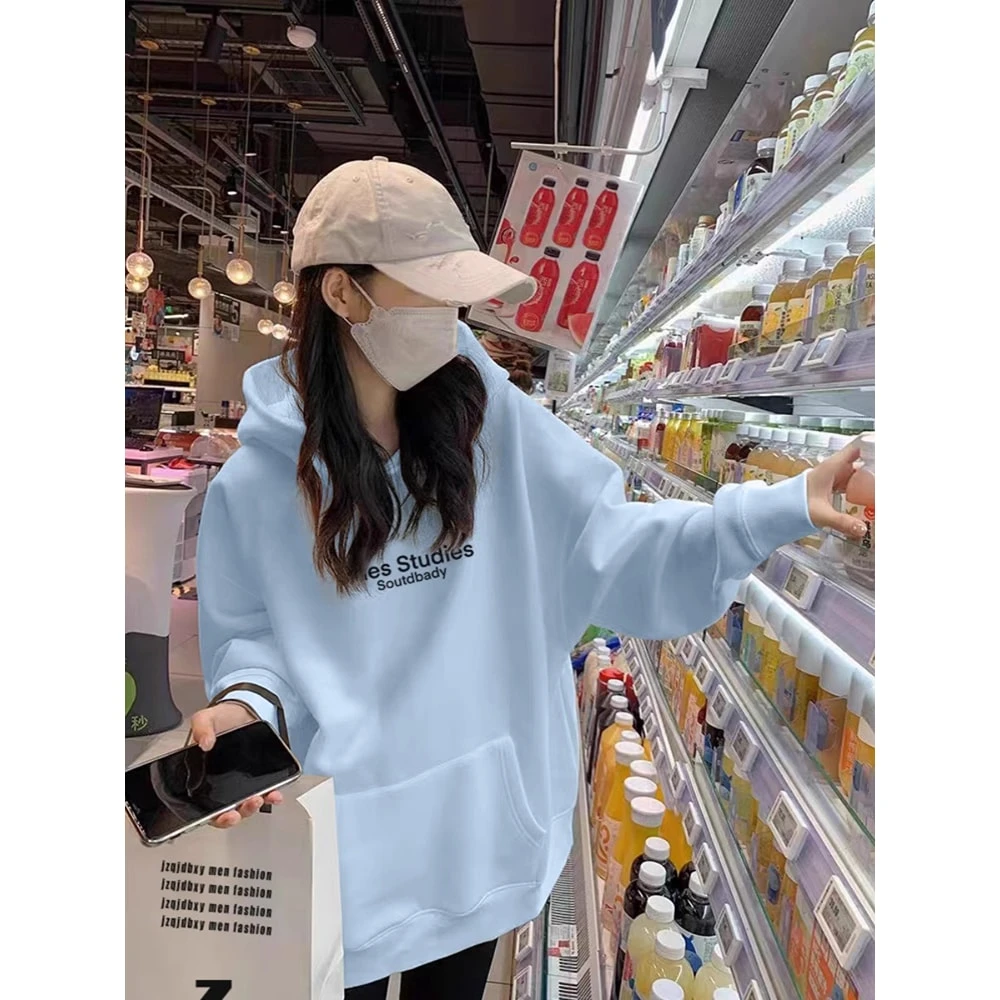 天蓝色连帽卫衣女中长款2025年秋季新款加绒加厚外套休闲显瘦上衣