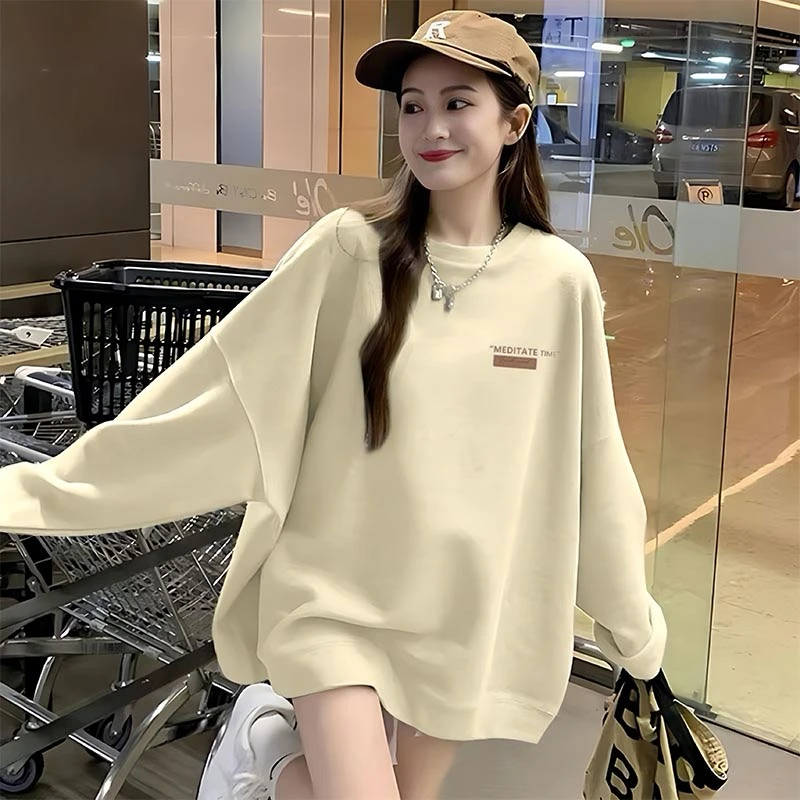 秋冬长袖圆领卫衣女休闲2025年新款韩版宽松加绒无帽洋气上衣服