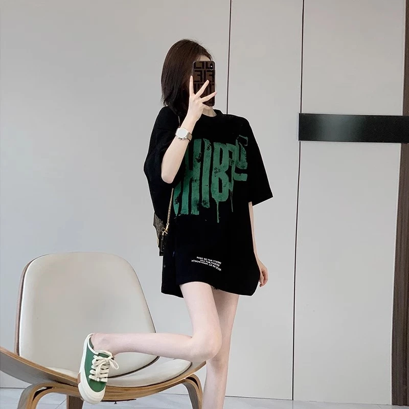 黑色短袖t恤女纯棉宽松2025新款爆款复古设计感小众ins潮牌体恤衫