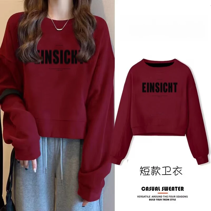 字母印花圆领卫衣女2025早秋新款小个子短款宽松休闲加绒长袖上衣