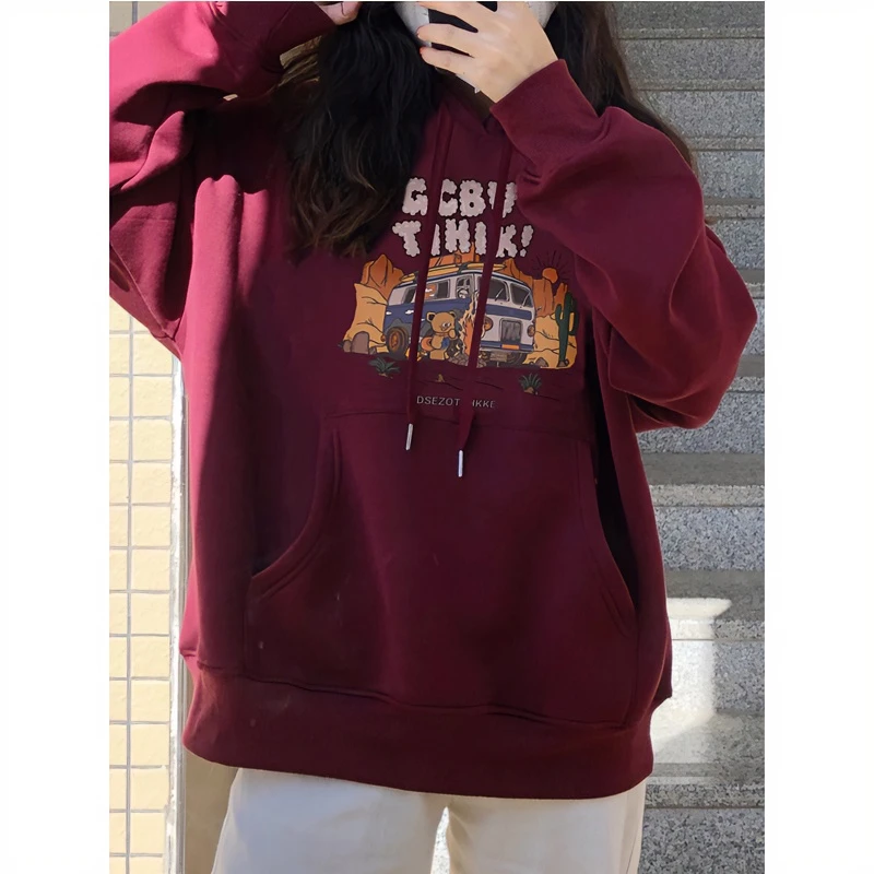 美式复古酒红色连帽卫衣女2025新款爆款设计感加厚加绒长袖外套