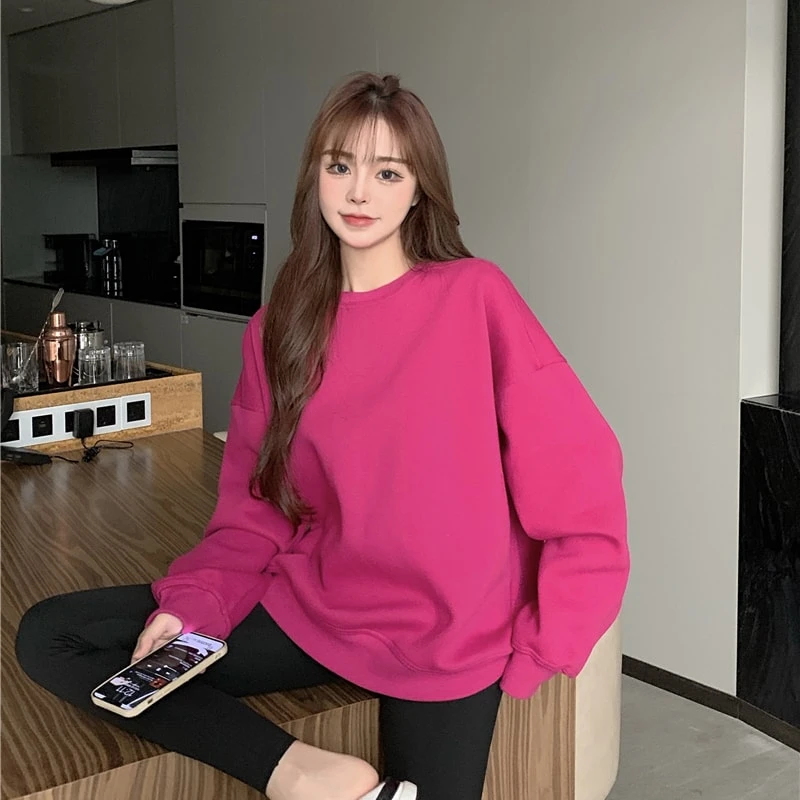 超火卫衣女加绒chic港风秋冬新款加厚大码宽松纯色百搭无帽上衣潮