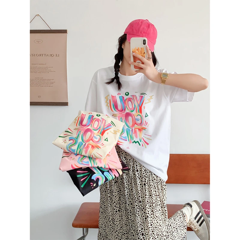 2025网红款多巴胺短袖t女韩版宽松百搭设计感纯棉小众夏季显瘦T恤