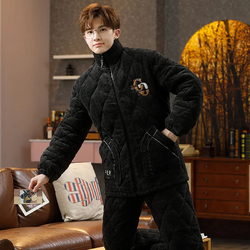 睡衣男款冬季加绒加厚三层夹棉保暖珊瑚绒大码男士家居服套装冬天