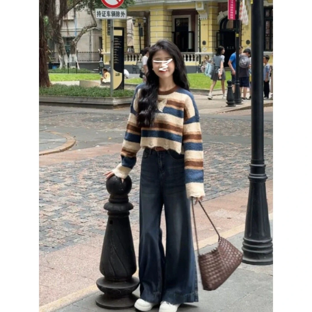 毛衣女2025年秋季新款复古短款条纹宽松小个子穿搭好看针织衫上衣