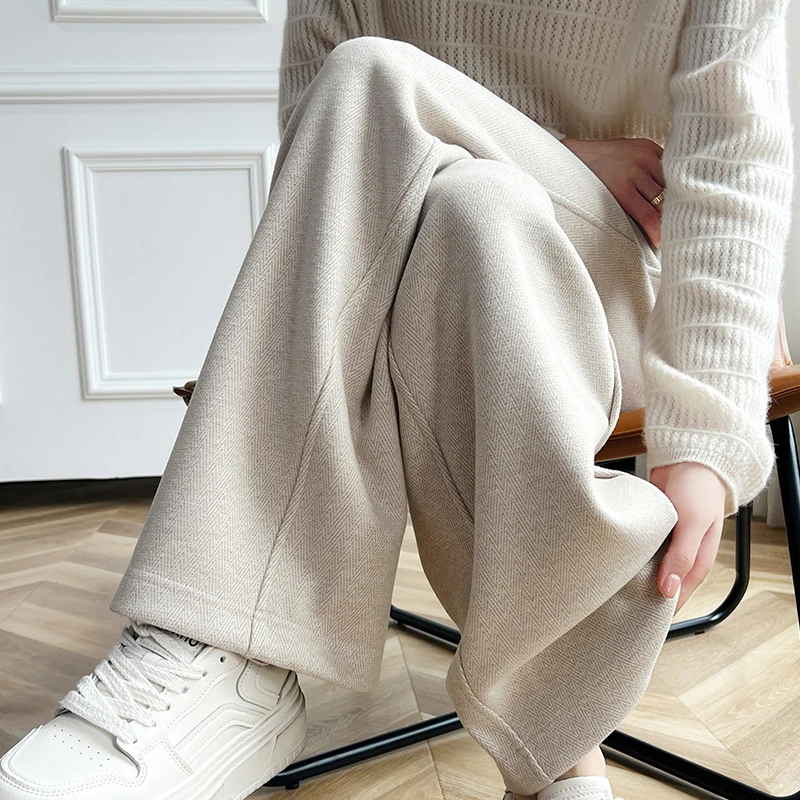 秋冬加厚高腰羊毛裤女桑蚕丝休闲针织直筒阔腿裤加厚保暖打底裤