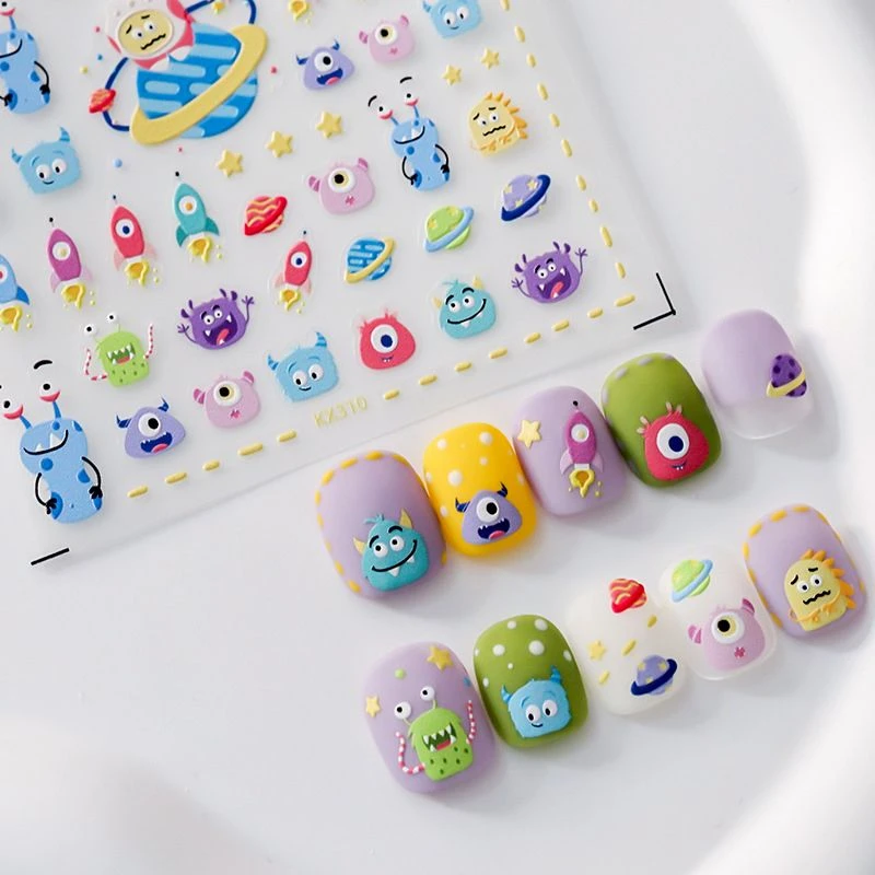 可爱童趣卡通小怪兽美甲贴纸超萌少女星球3D立体浮雕胶背指甲贴花