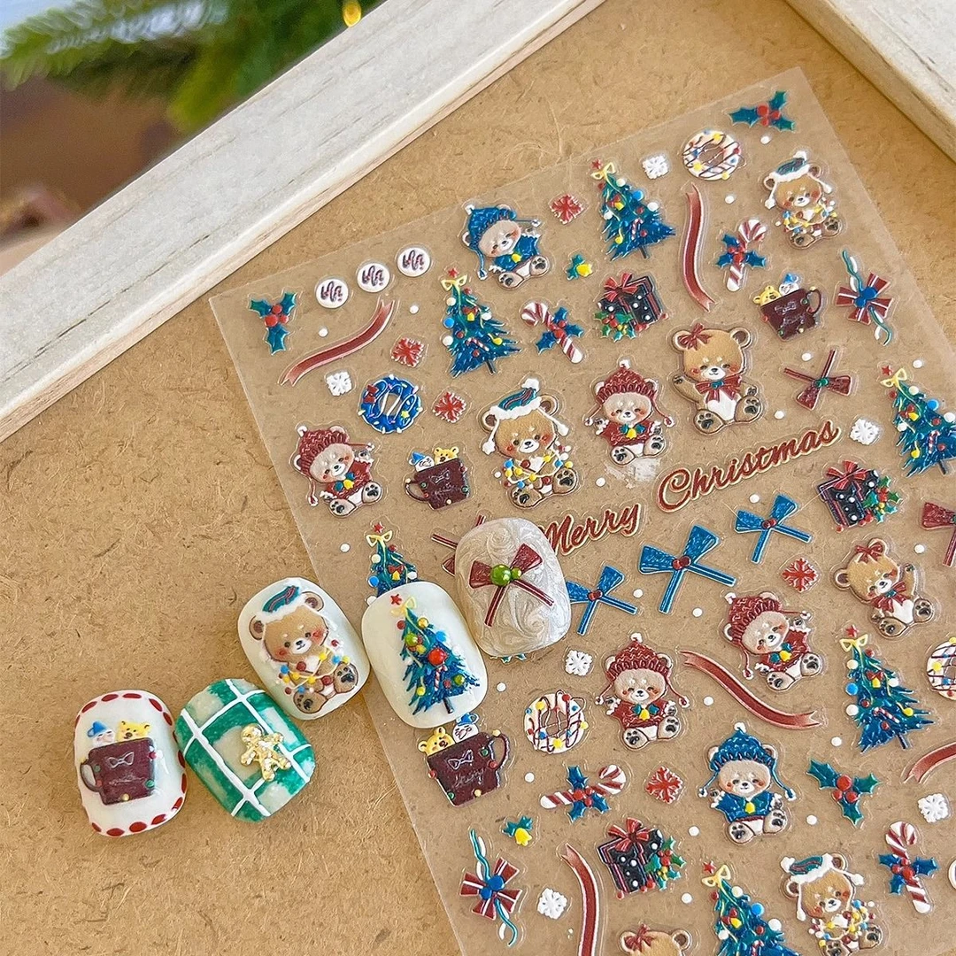 小熊美甲贴纸圣诞树礼盒蝴蝶结飘带甜美浮雕带背胶指甲装饰品贴花