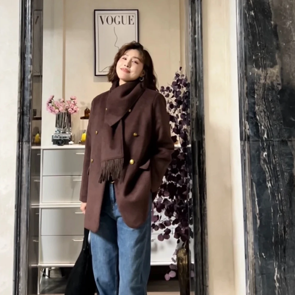 韩版V领带围巾西装外套百搭女2024秋冬高级宽松版