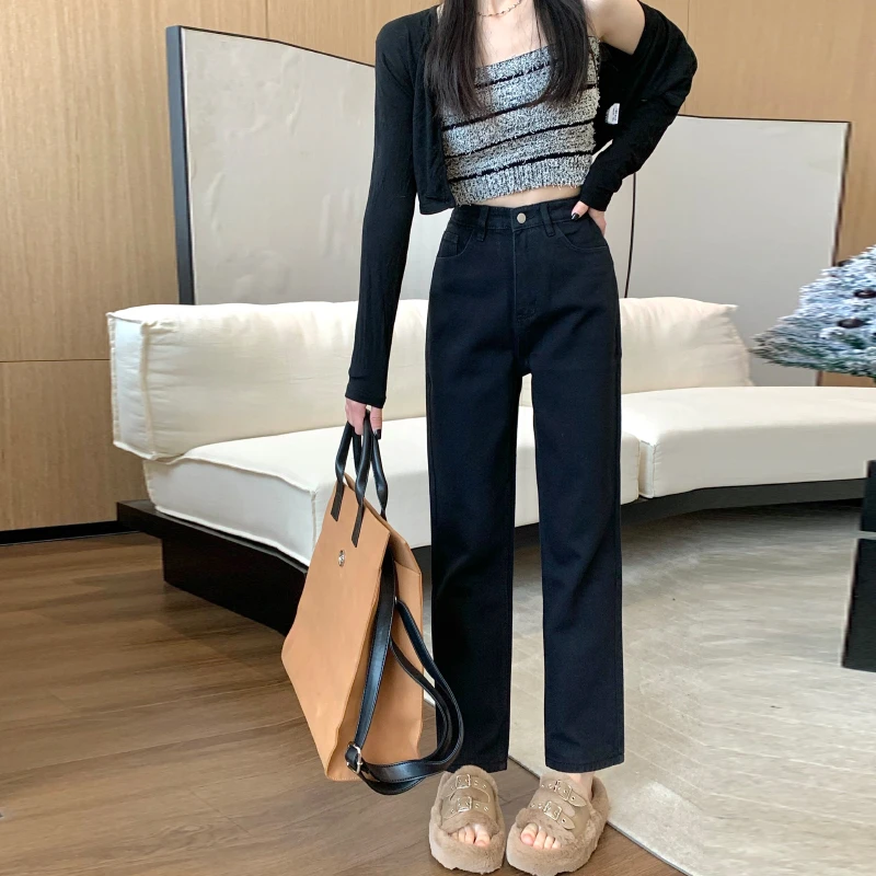 窄版直筒牛仔裤女春秋季新款高腰显瘦宽松哈伦老爹小个子九分裤