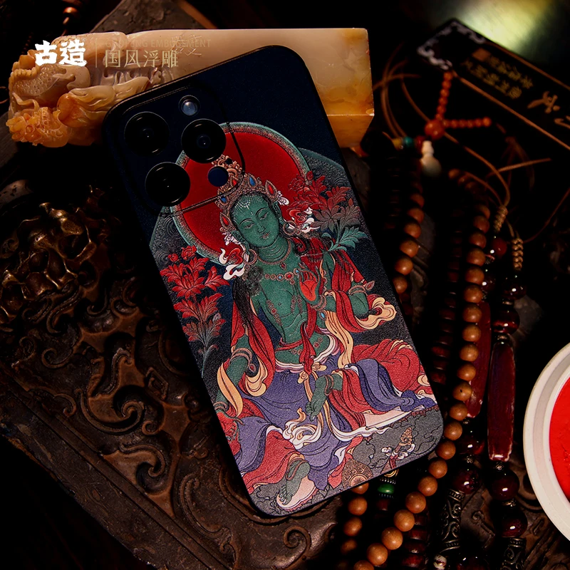 古造藏式绿度母iPhone16iPhone15/14吉祥创意13pro复古浮雕手机壳