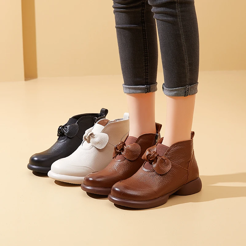 冬季真皮手工复古女鞋中老年平底女式短靴软底防滑妈妈鞋短筒单靴
