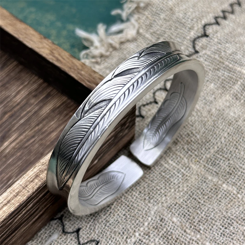 足银手镯 凹面羽毛精雕手镯 精美复古大气实心纯手工浮雕男女同款