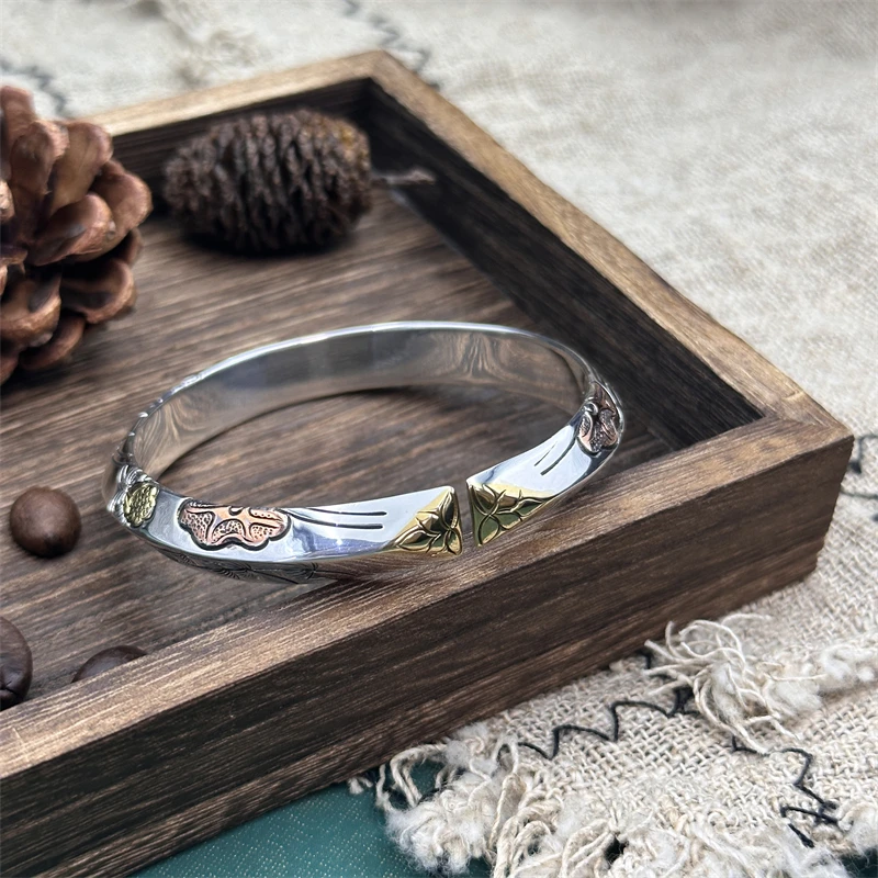 足银手镯 足银999荷花荷叶三角形银手镯嵌铜纯手工实心国风手镯