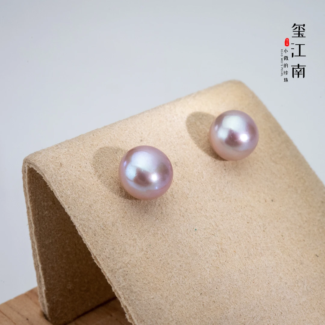 油画紫耳钉年货只有一批｜8.3～9.3mm淡水珍珠耳钉空姐素钉 FE067