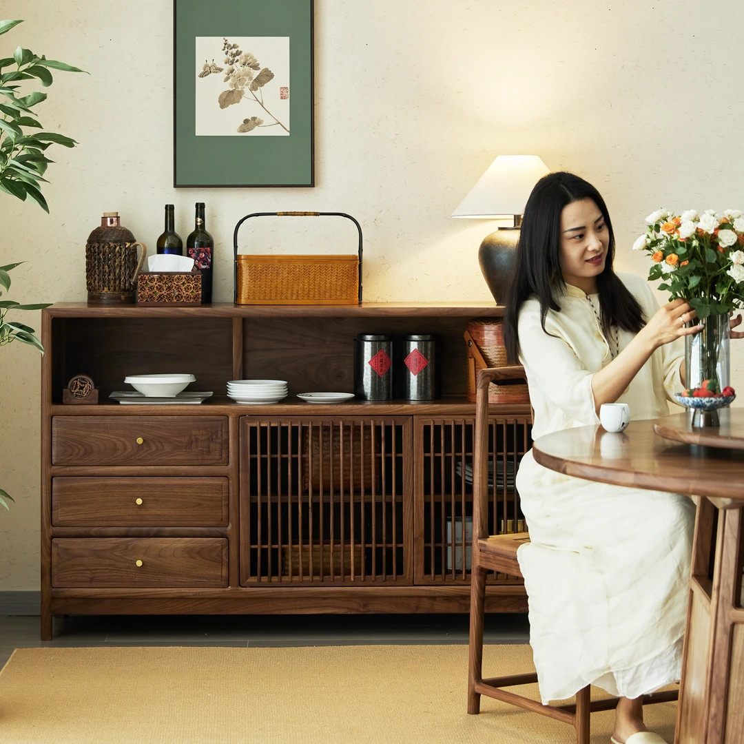 新中式餐边柜黑胡桃木实木收纳柜边柜玄关储物柜酒柜靠墙一体柜子