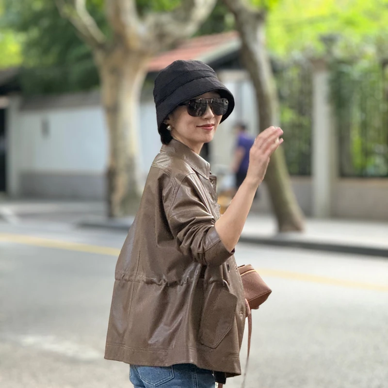 春秋气质时尚休闲百搭复古油蜡抽绳摩卡棕色小羊皮女外套