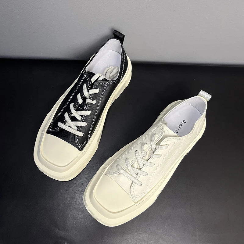 夏季透气小白鞋男真皮厚底休闲皮鞋潮流简约时尚板鞋牛皮男鞋潮鞋