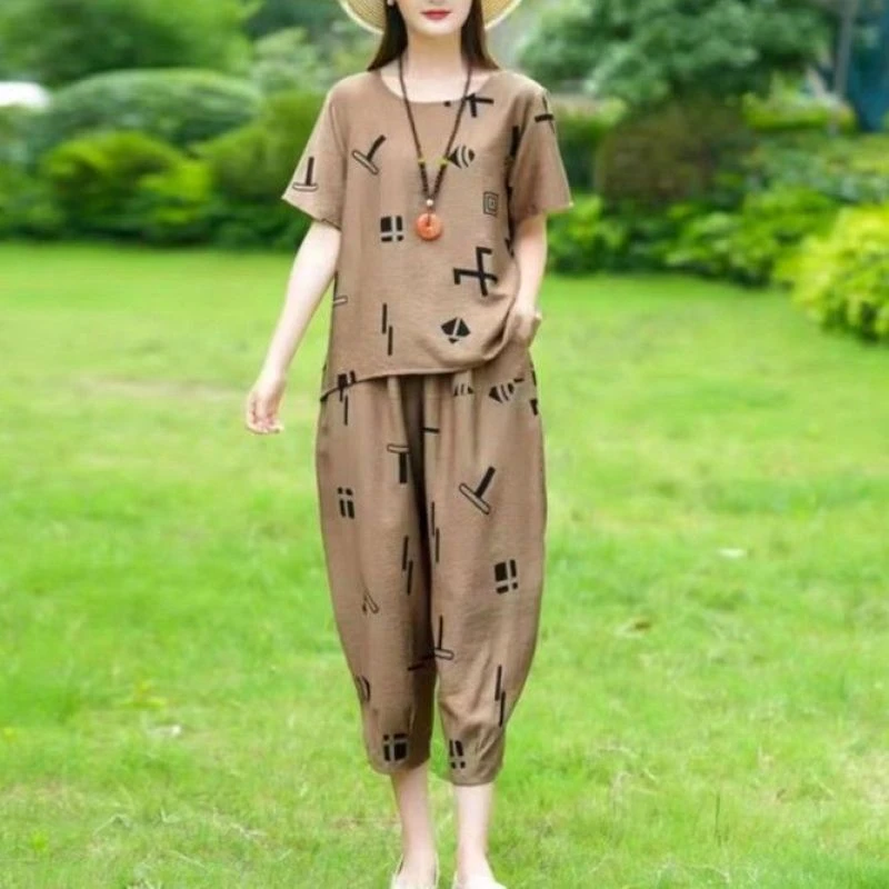 中老年女装薄款休闲风印花休闲减龄阔腿裤圆领中年常规款