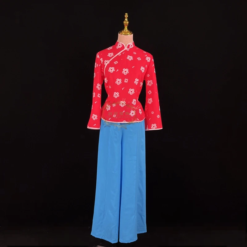 阿庆嫂碎花采茶舞村姑衣服民族舞蹈服装乡村风农村戏服扇子舞套装