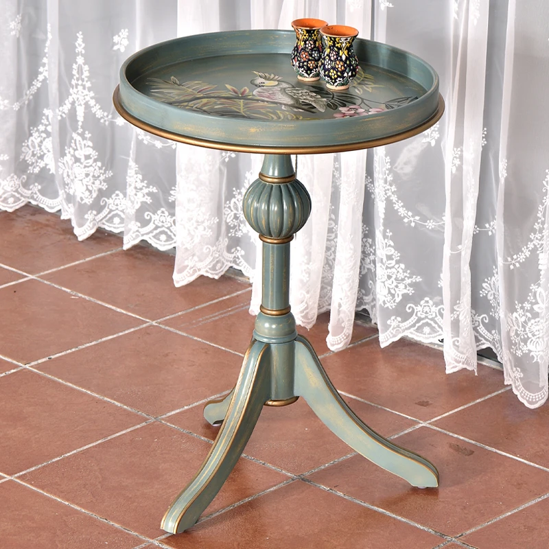 美式彩绘手绘实木圆几小茶几客厅茶几圆几阳台圆形手工家用阳台桌