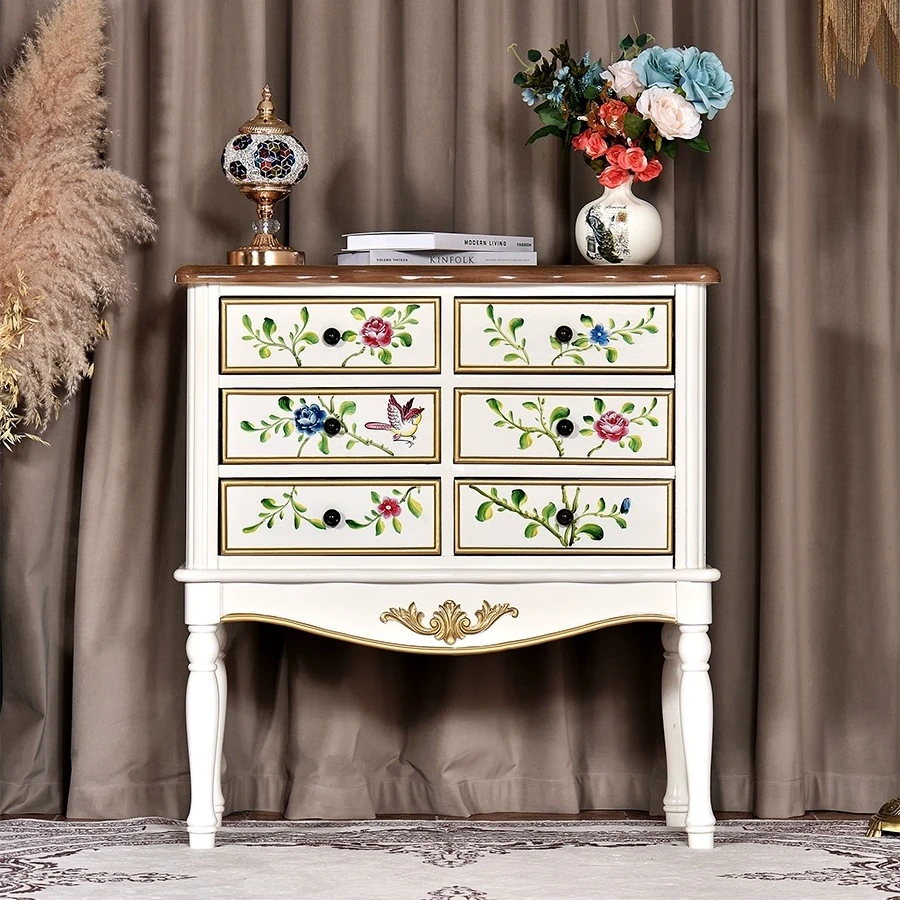 美式乡村玄关柜实木客厅入户储物彩绘六斗收纳卧室床尾客厅餐边柜