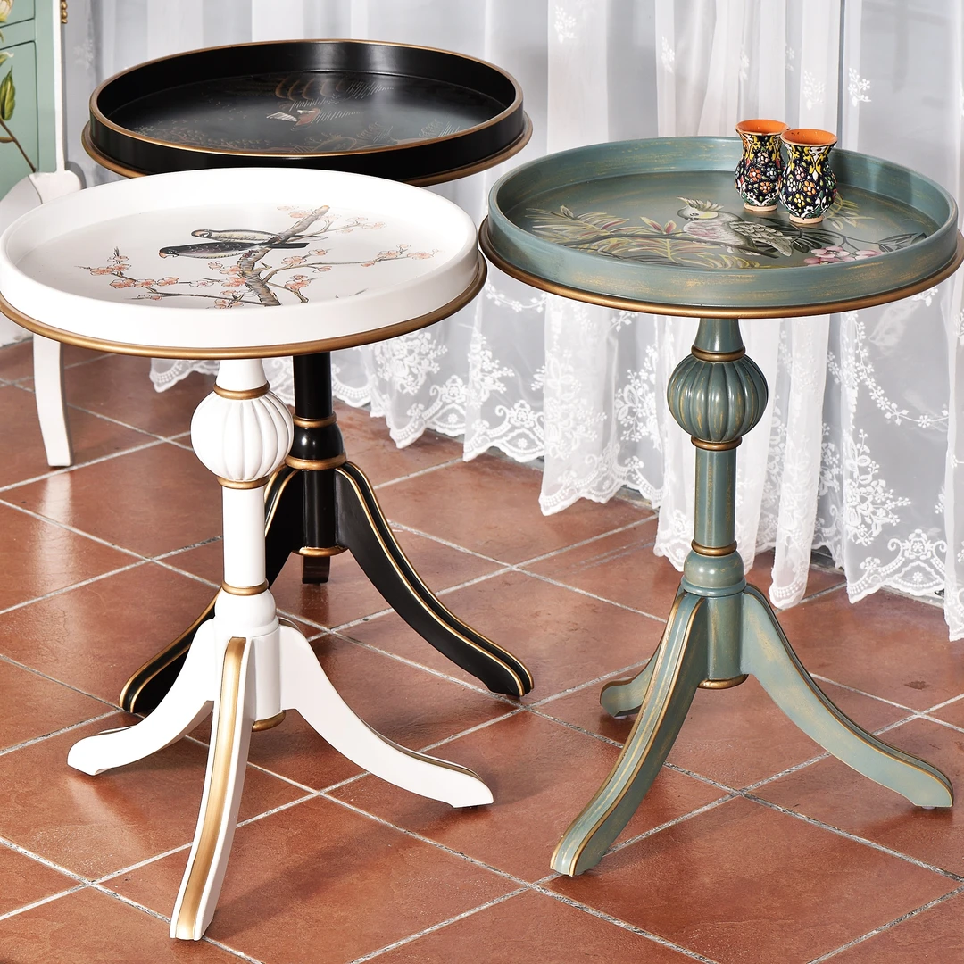 彩绘实木圆几小茶几美式客厅茶几圆几手绘阳台圆形手工家用阳台桌