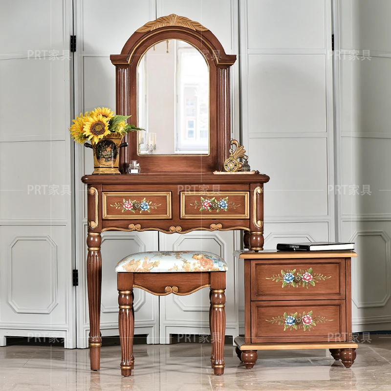 美式乡村彩绘复古做旧古典卧室梳妆台欧式化妆台妆凳床头柜一体