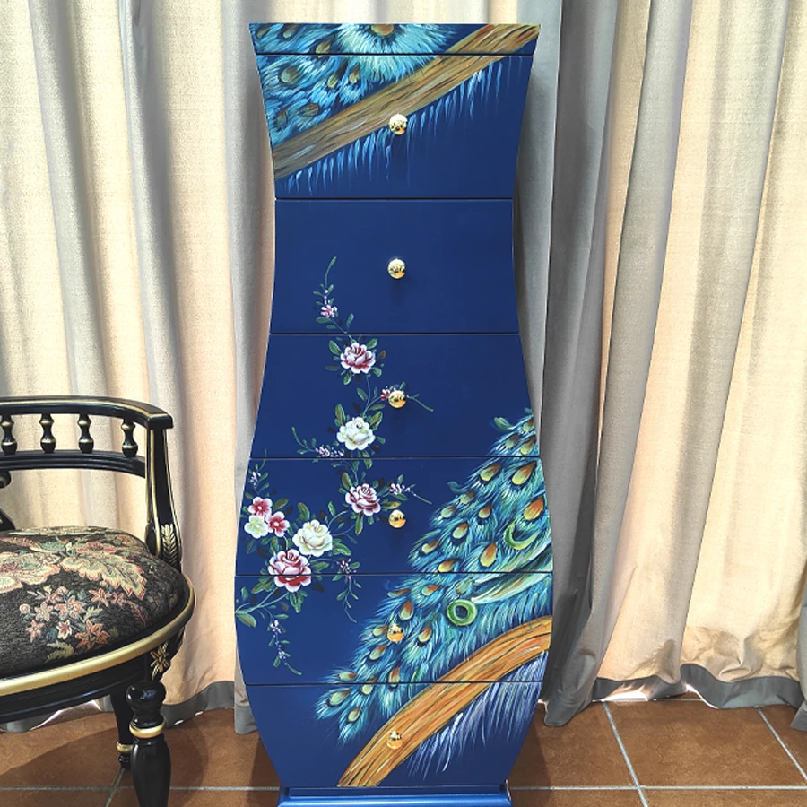 美式乡村花瓶柜客厅实木彩绘高五斗复古蓝色卧室抽屉装饰多层收纳