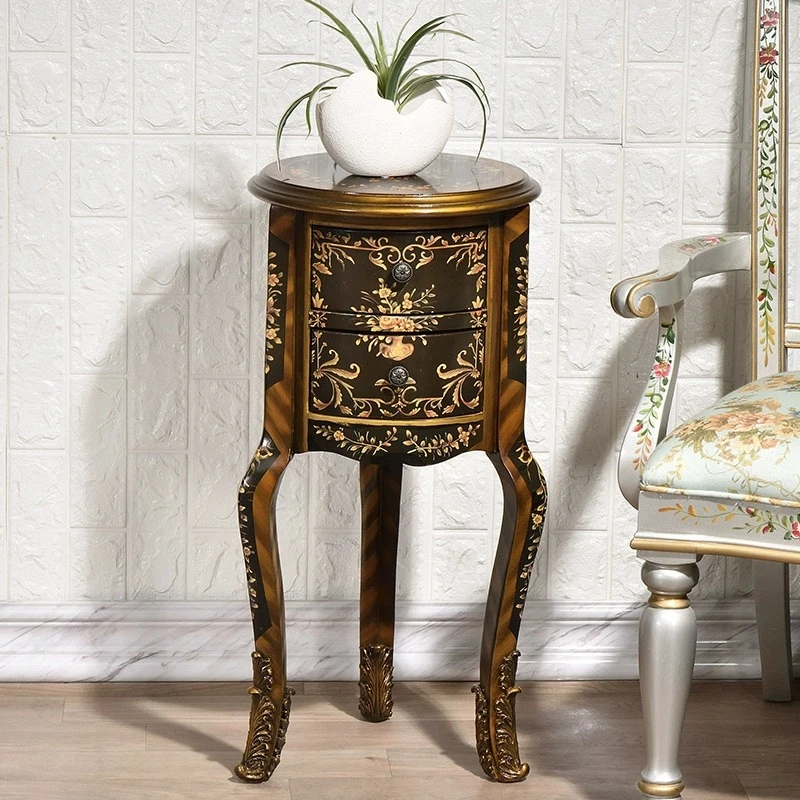 美式角几客厅沙发小边几小户型彩绘圆几带储物花几欧式角几落地