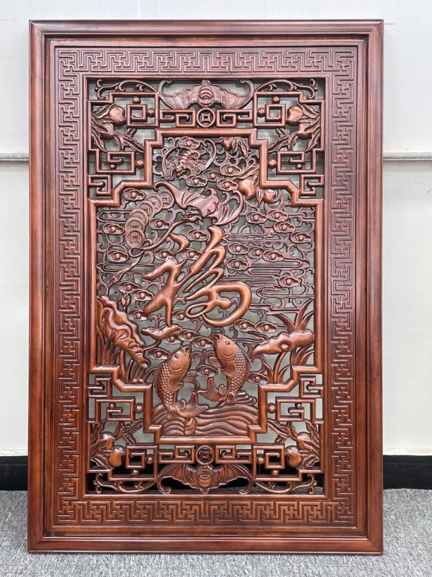 东阳木雕120*80富贵有鱼香樟木实木雕刻客厅挂件