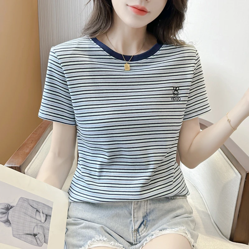 洋气t恤显瘦时尚百搭夏季宽松条纹短款半袖ins圆领设计感102-YH