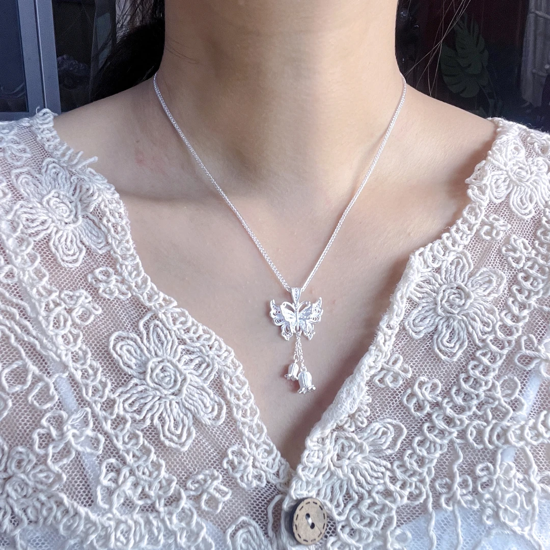 吊坠足银 蝴蝶铃兰花吊坠项链女款纯银999手工编绳小众时尚首饰