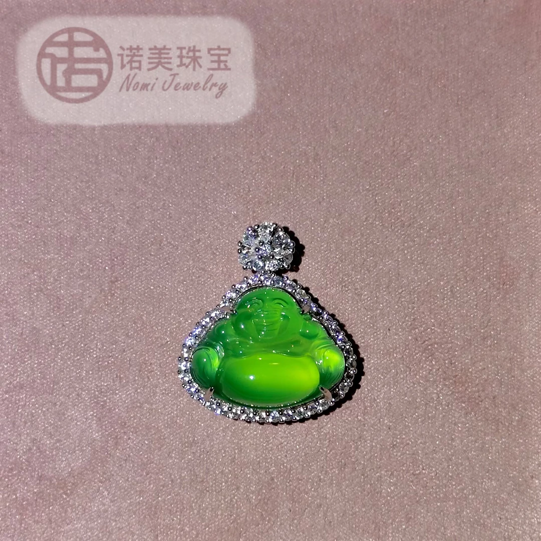 S925国标银镀真白金镶嵌阳绿甜绿冰绿中号佛公吊坠