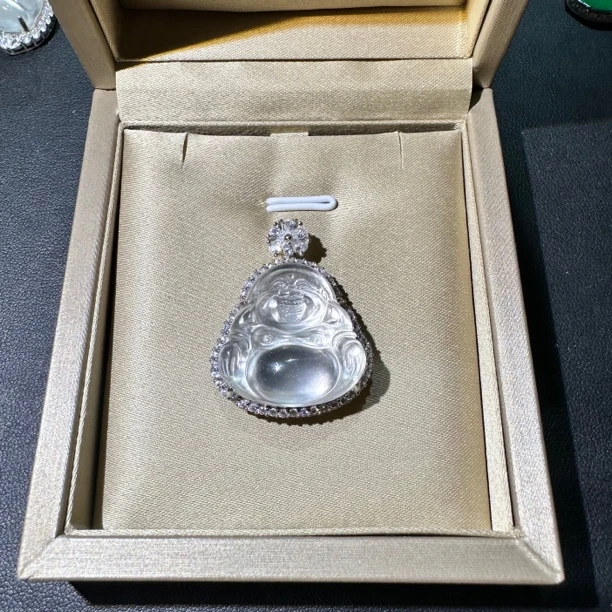 S925通体国标银镀白金镶嵌封底 天然石英质玉佛公吊坠项链时尚