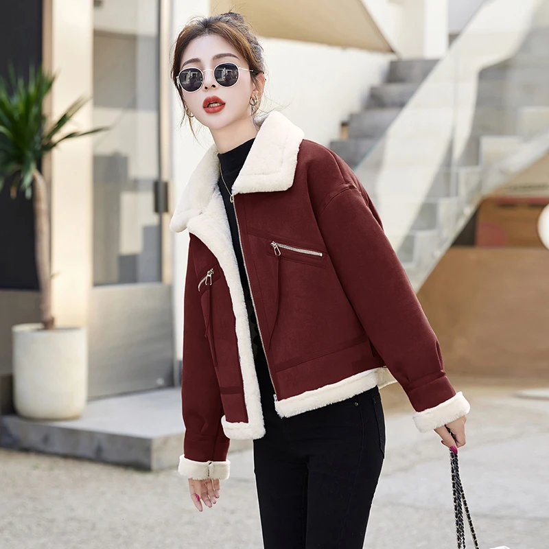 复古仿麂皮绒厚外套冬季新款高级感时尚炸街加绒保暖皮毛一体上衣