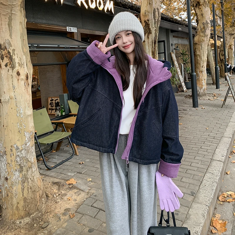 拼色牛仔羽绒服女冬新款韩版连帽双拉链拼色设计感90白鸭绒外套潮