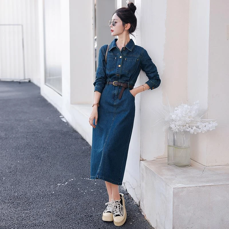 女神范洋气收腰牛仔连衣裙女春秋设计感小众遮肚显瘦气质衬衫裙子