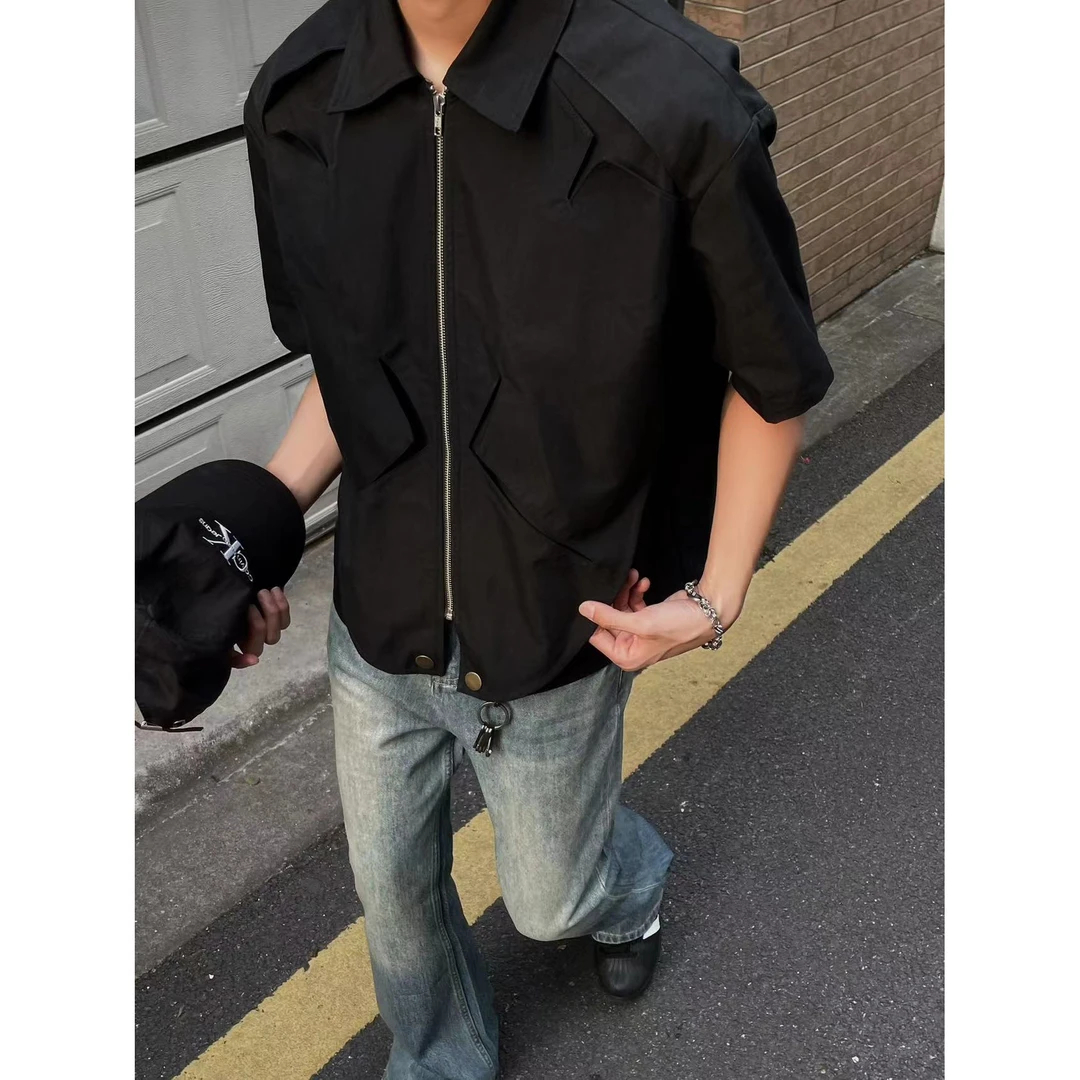 Baseplate 多裁片双层解构高级休闲短宽cleanfit短袖衬衫蝙蝠外套