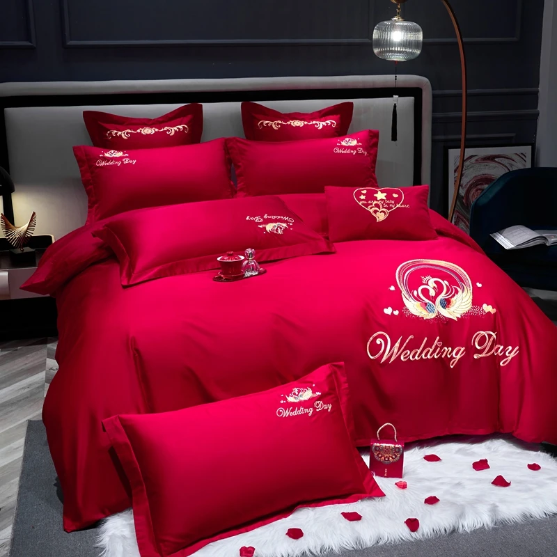 往初家纺床上用品2022新款家有喜事婚庆四件套大红色刺绣花结婚