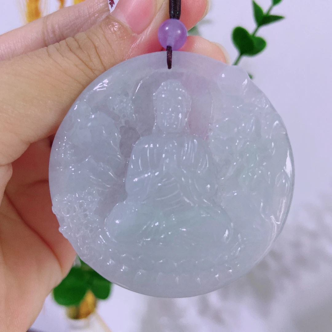缅甸天然翡翠A货精雕冰胶羊猴守护神大日如来吊坠 51×5.2mm
