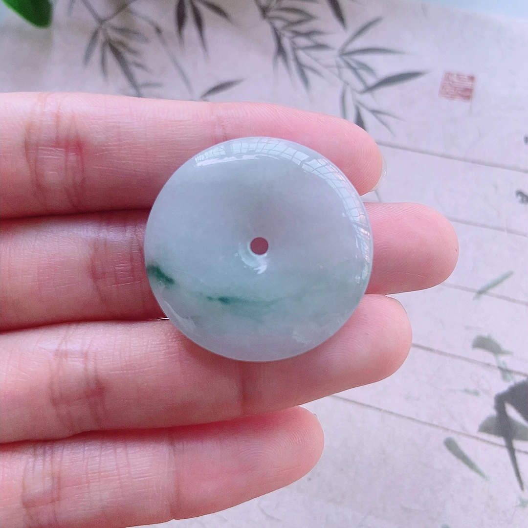 冰胶飘花平安扣吊坠缅甸翡翠A货 29.5×4.8mm