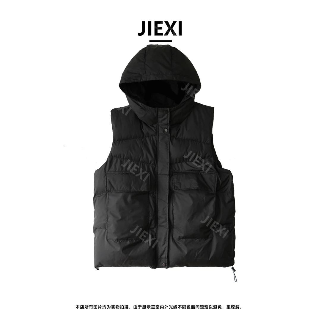 JIEXI设计师显瘦大码女款秋冬款个性百搭宽松连帽棉马甲jx3086