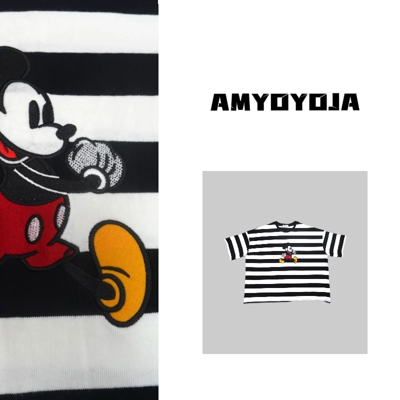 Super睿 2024oversize款经典黑白条纹卡通米奇七分袖卫衣T恤