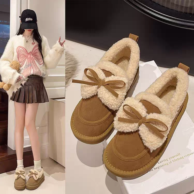 冬季可爱蝴蝶结毛茸茸一脚蹬保暖百搭厚底鞋2202