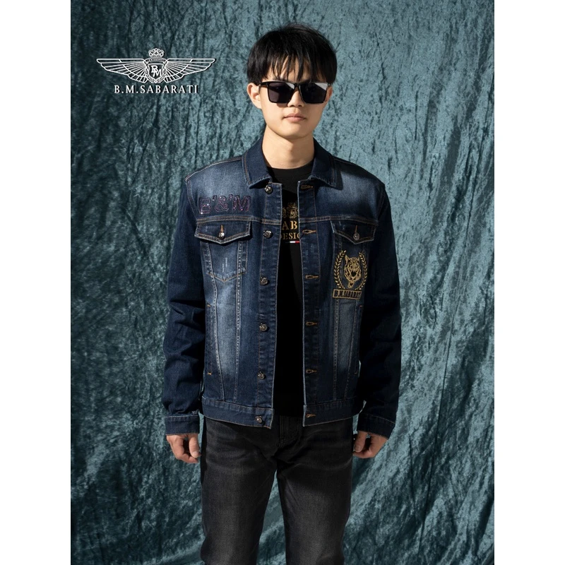 B.M.SABARATI 品牌秋冬男装蓝色牛仔外套修身老虎金线刺绣百搭W