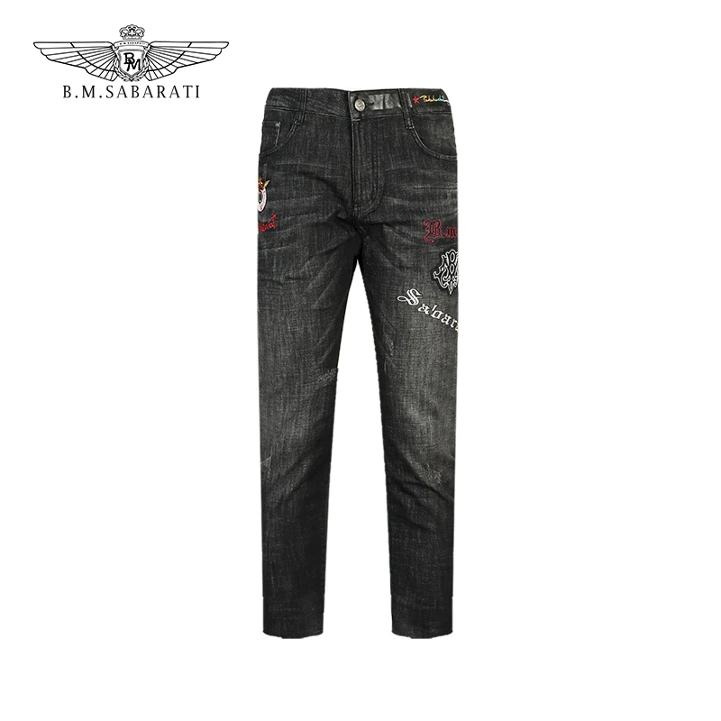 B.M.SABARATI特价 春夏男深灰色刺绣花纹水洗宝马牛仔裤W