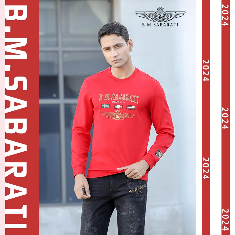 B.M.SABARATI秋冬时尚黑红双色成熟痞帅个性宝马圆领上衣卫衣R